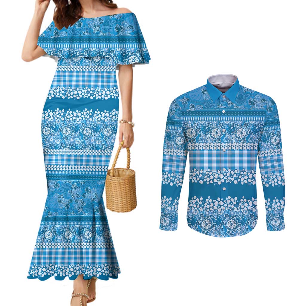 Hawaiian Hibiscus Honu Couples Matching Mermaid Dress and Long Sleeve Button Shirt Blue Mele Kalikimaka Palaka Spirit LT9 Blue - Polynesian Pride
