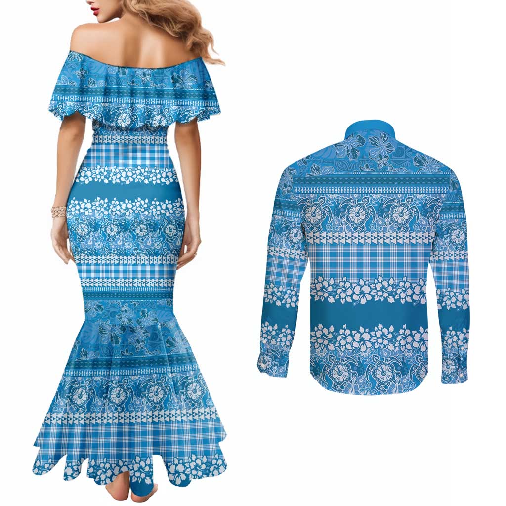Hawaiian Hibiscus Honu Couples Matching Mermaid Dress and Long Sleeve Button Shirt Blue Mele Kalikimaka Palaka Spirit LT9 - Polynesian Pride