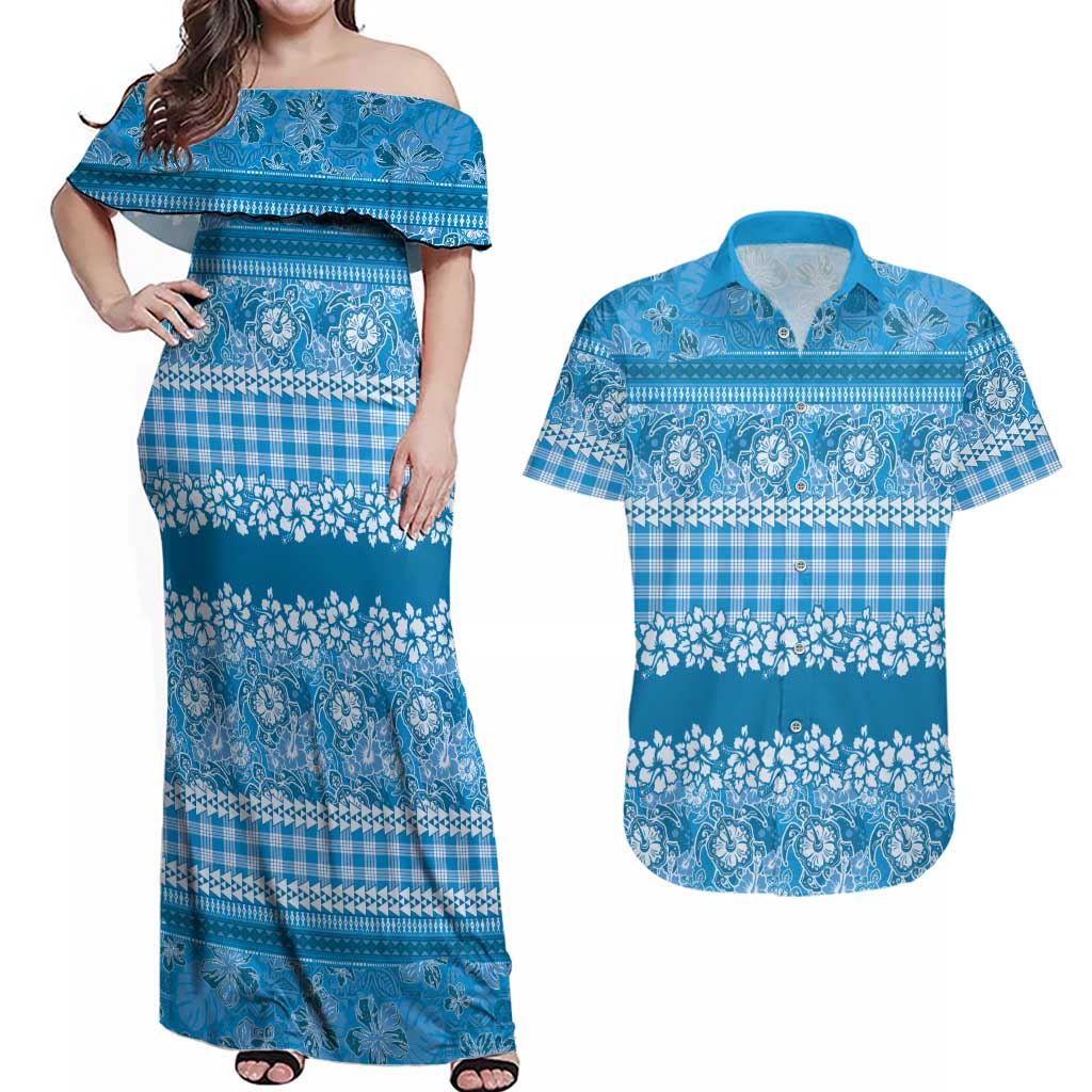 Hawaiian Hibiscus Honu Couples Matching Off Shoulder Maxi Dress and Hawaiian Shirt Blue Mele Kalikimaka Palaka Spirit LT9 Blue - Polynesian Pride