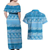 Hawaiian Hibiscus Honu Couples Matching Off Shoulder Maxi Dress and Hawaiian Shirt Blue Mele Kalikimaka Palaka Spirit LT9 - Polynesian Pride