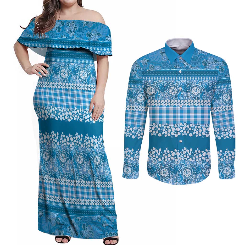 Hawaiian Hibiscus Honu Couples Matching Off Shoulder Maxi Dress and Long Sleeve Button Shirt Blue Mele Kalikimaka Palaka Spirit LT9 Blue - Polynesian Pride