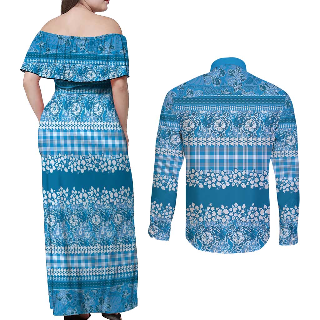 Hawaiian Hibiscus Honu Couples Matching Off Shoulder Maxi Dress and Long Sleeve Button Shirt Blue Mele Kalikimaka Palaka Spirit LT9 - Polynesian Pride