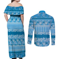 Hawaiian Hibiscus Honu Couples Matching Off Shoulder Maxi Dress and Long Sleeve Button Shirt Blue Mele Kalikimaka Palaka Spirit LT9 - Polynesian Pride