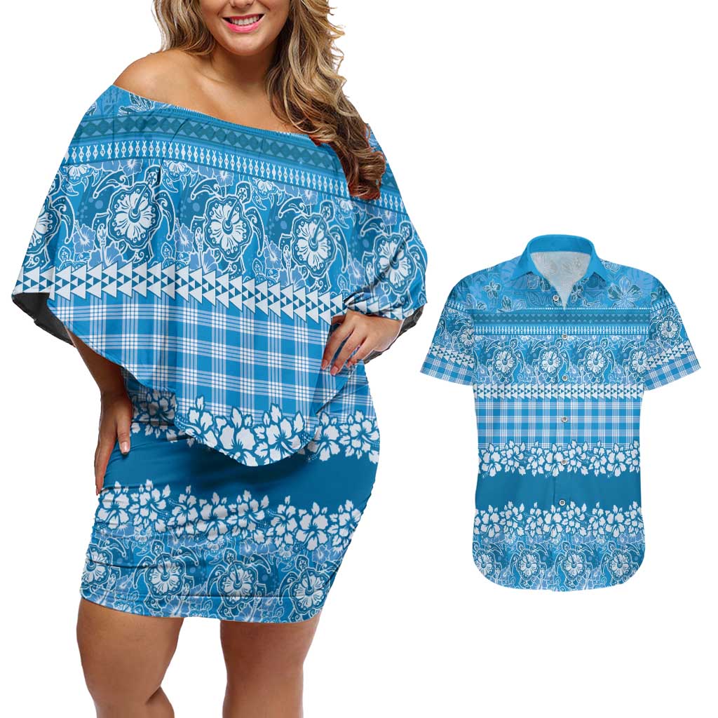 Hawaiian Hibiscus Honu Couples Matching Off Shoulder Short Dress and Hawaiian Shirt Blue Mele Kalikimaka Palaka Spirit LT9 Blue - Polynesian Pride