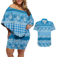 Hawaiian Hibiscus Honu Couples Matching Off Shoulder Short Dress and Hawaiian Shirt Blue Mele Kalikimaka Palaka Spirit LT9 Blue - Polynesian Pride