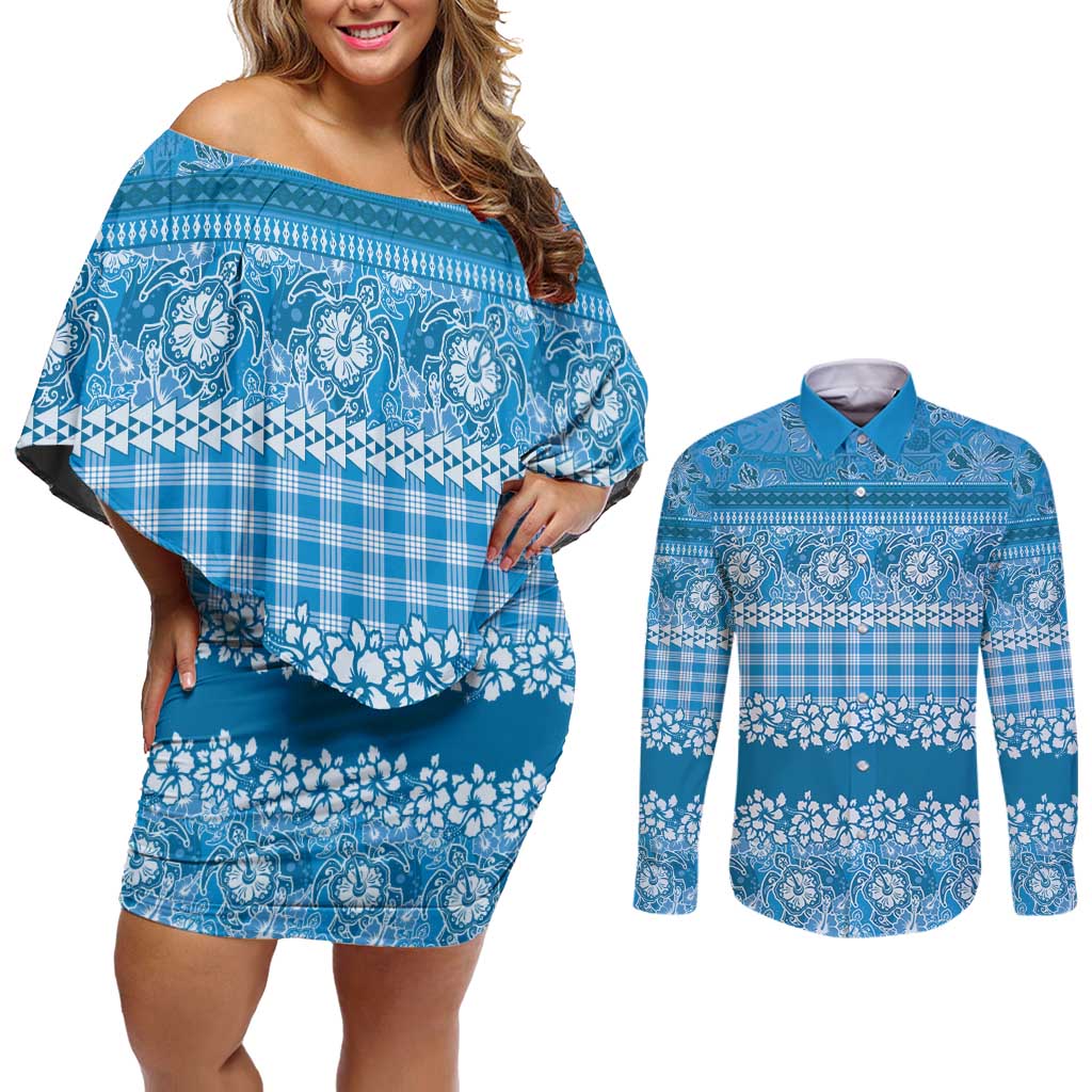 Hawaiian Hibiscus Honu Couples Matching Off Shoulder Short Dress and Long Sleeve Button Shirt Blue Mele Kalikimaka Palaka Spirit LT9 Blue - Polynesian Pride