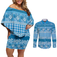 Hawaiian Hibiscus Honu Couples Matching Off Shoulder Short Dress and Long Sleeve Button Shirt Blue Mele Kalikimaka Palaka Spirit LT9 Blue - Polynesian Pride