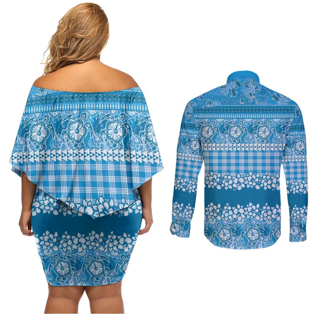 Hawaiian Hibiscus Honu Couples Matching Off Shoulder Short Dress and Long Sleeve Button Shirt Blue Mele Kalikimaka Palaka Spirit LT9 - Polynesian Pride