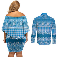 Hawaiian Hibiscus Honu Couples Matching Off Shoulder Short Dress and Long Sleeve Button Shirt Blue Mele Kalikimaka Palaka Spirit LT9 - Polynesian Pride