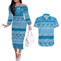 Hawaiian Hibiscus Honu Couples Matching Off The Shoulder Long Sleeve Dress and Hawaiian Shirt Blue Mele Kalikimaka Palaka Spirit LT9 Blue - Polynesian Pride