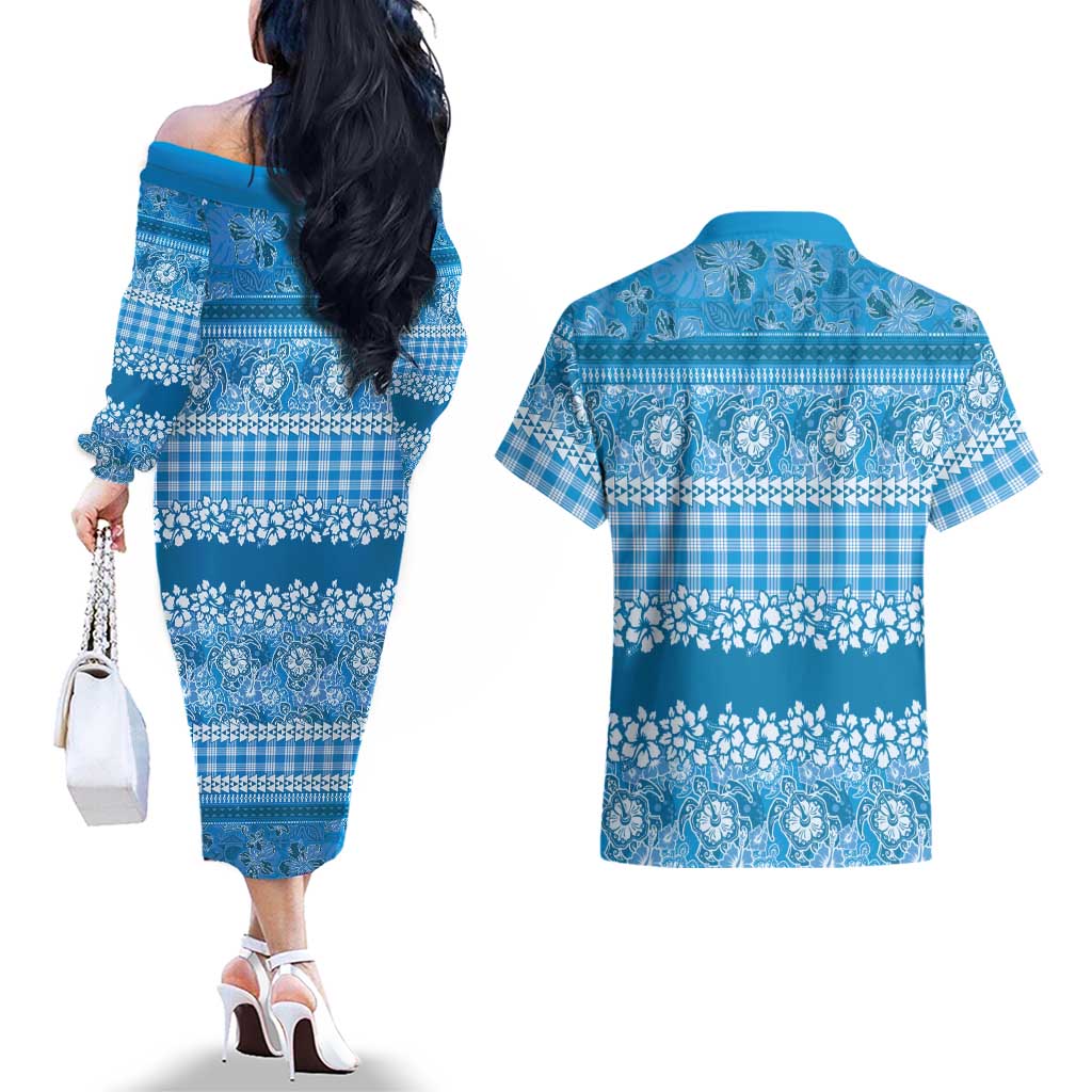 Hawaiian Hibiscus Honu Couples Matching Off The Shoulder Long Sleeve Dress and Hawaiian Shirt Blue Mele Kalikimaka Palaka Spirit LT9 - Polynesian Pride