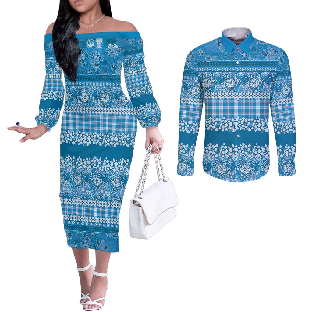 Hawaiian Hibiscus Honu Couples Matching Off The Shoulder Long Sleeve Dress and Long Sleeve Button Shirt Blue Mele Kalikimaka Palaka Spirit LT9 Blue - Polynesian Pride