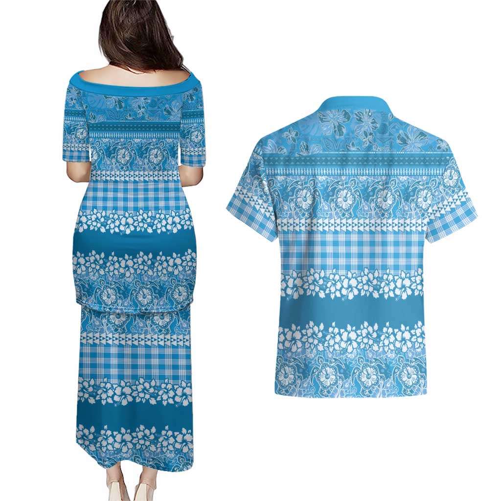 Hawaiian Hibiscus Honu Couples Matching Puletasi and Hawaiian Shirt Blue Mele Kalikimaka Palaka Spirit LT9 - Polynesian Pride