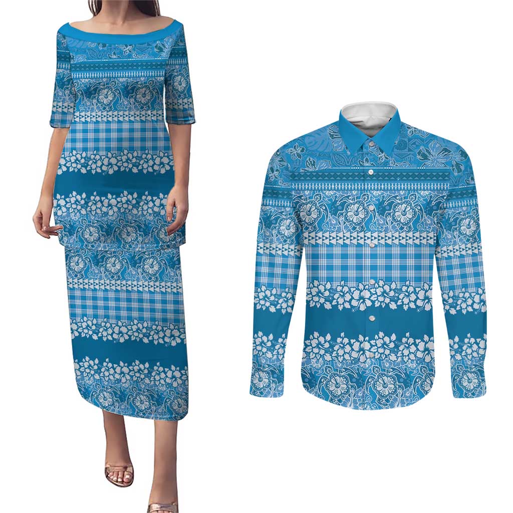 Hawaiian Hibiscus Honu Couples Matching Puletasi and Long Sleeve Button Shirt Blue Mele Kalikimaka Palaka Spirit LT9 Blue - Polynesian Pride