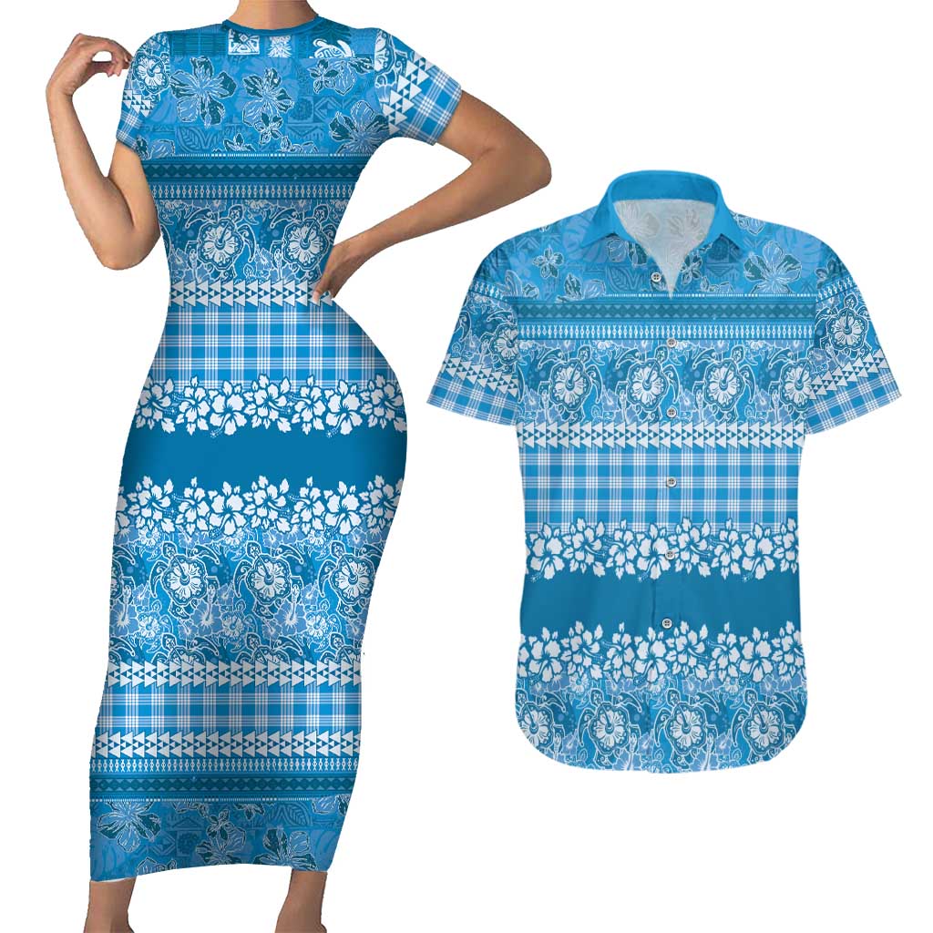 Hawaiian Hibiscus Honu Couples Matching Short Sleeve Bodycon Dress and Hawaiian Shirt Blue Mele Kalikimaka Palaka Spirit LT9 Blue - Polynesian Pride