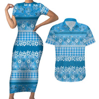 Hawaiian Hibiscus Honu Couples Matching Short Sleeve Bodycon Dress and Hawaiian Shirt Blue Mele Kalikimaka Palaka Spirit LT9 Blue - Polynesian Pride