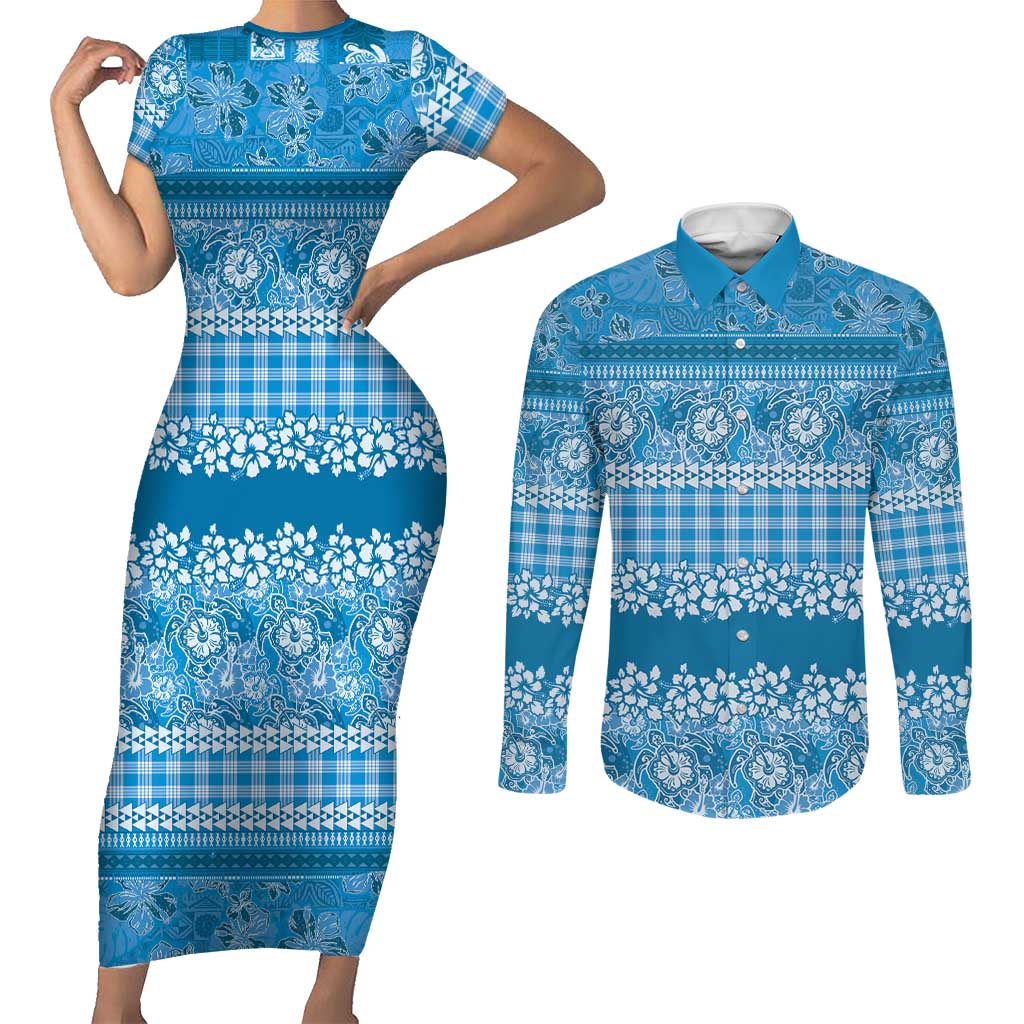 Hawaiian Hibiscus Honu Couples Matching Short Sleeve Bodycon Dress and Long Sleeve Button Shirt Blue Mele Kalikimaka Palaka Spirit LT9 Blue - Polynesian Pride