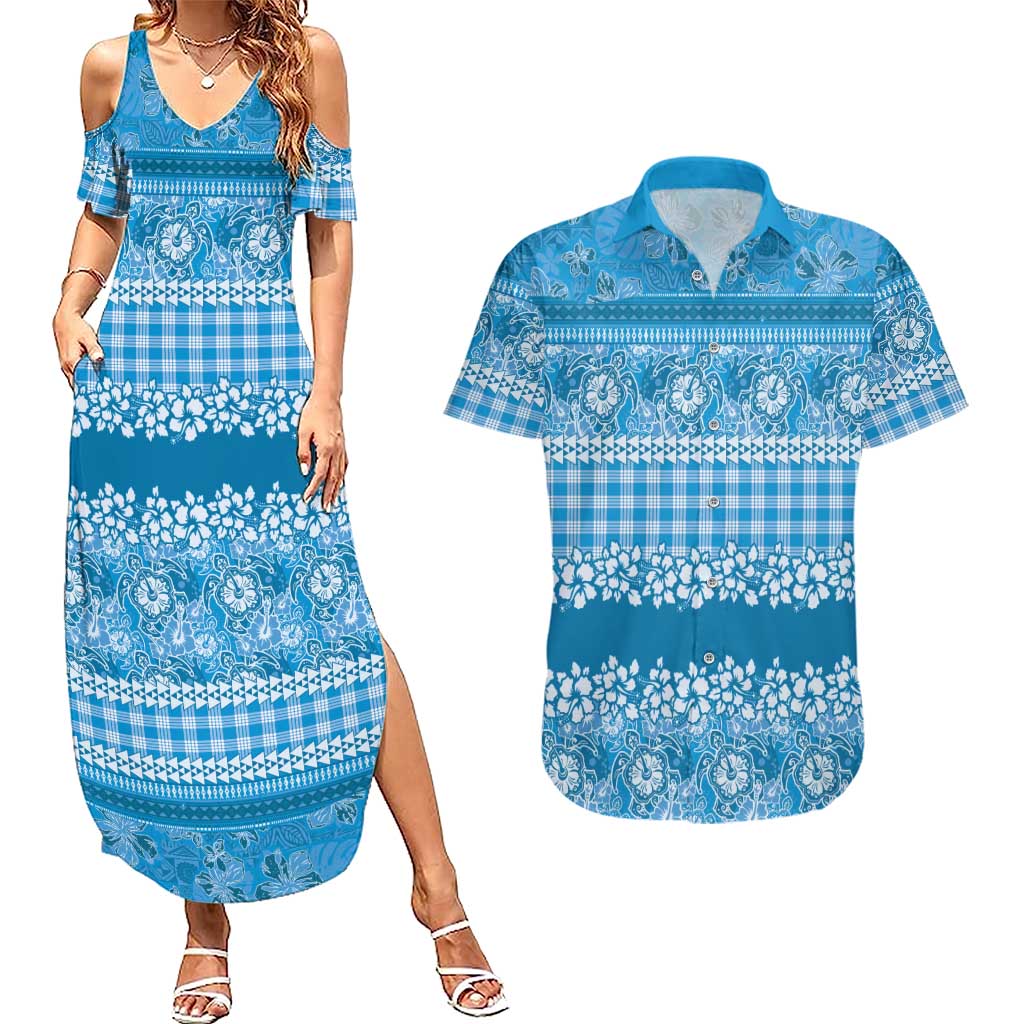 Hawaiian Hibiscus Honu Couples Matching Summer Maxi Dress and Hawaiian Shirt Blue Mele Kalikimaka Palaka Spirit LT9 Blue - Polynesian Pride
