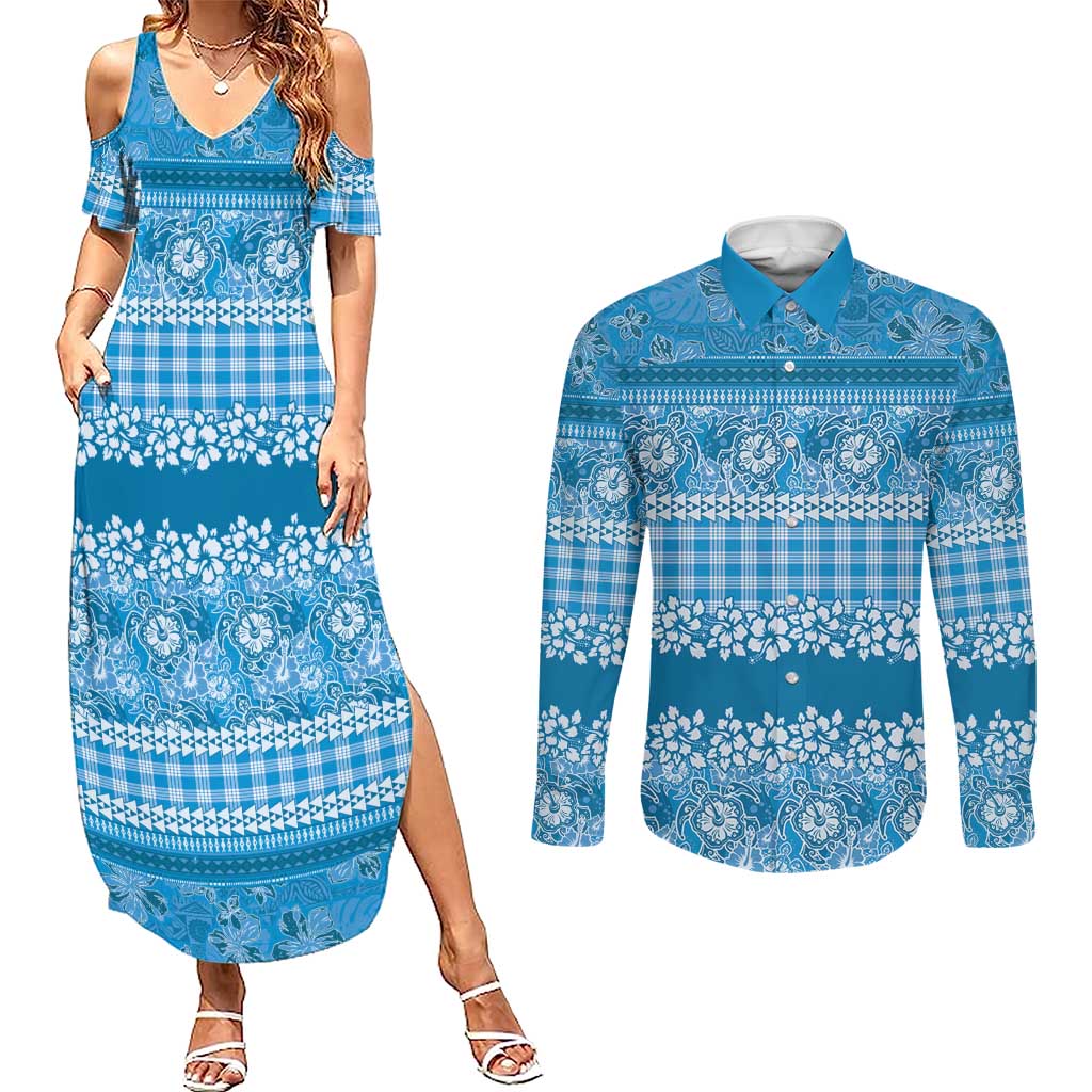 Hawaiian Hibiscus Honu Couples Matching Summer Maxi Dress and Long Sleeve Button Shirt Blue Mele Kalikimaka Palaka Spirit LT9 Blue - Polynesian Pride