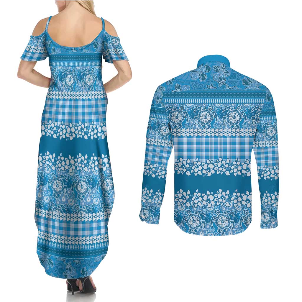 Hawaiian Hibiscus Honu Couples Matching Summer Maxi Dress and Long Sleeve Button Shirt Blue Mele Kalikimaka Palaka Spirit LT9 - Polynesian Pride