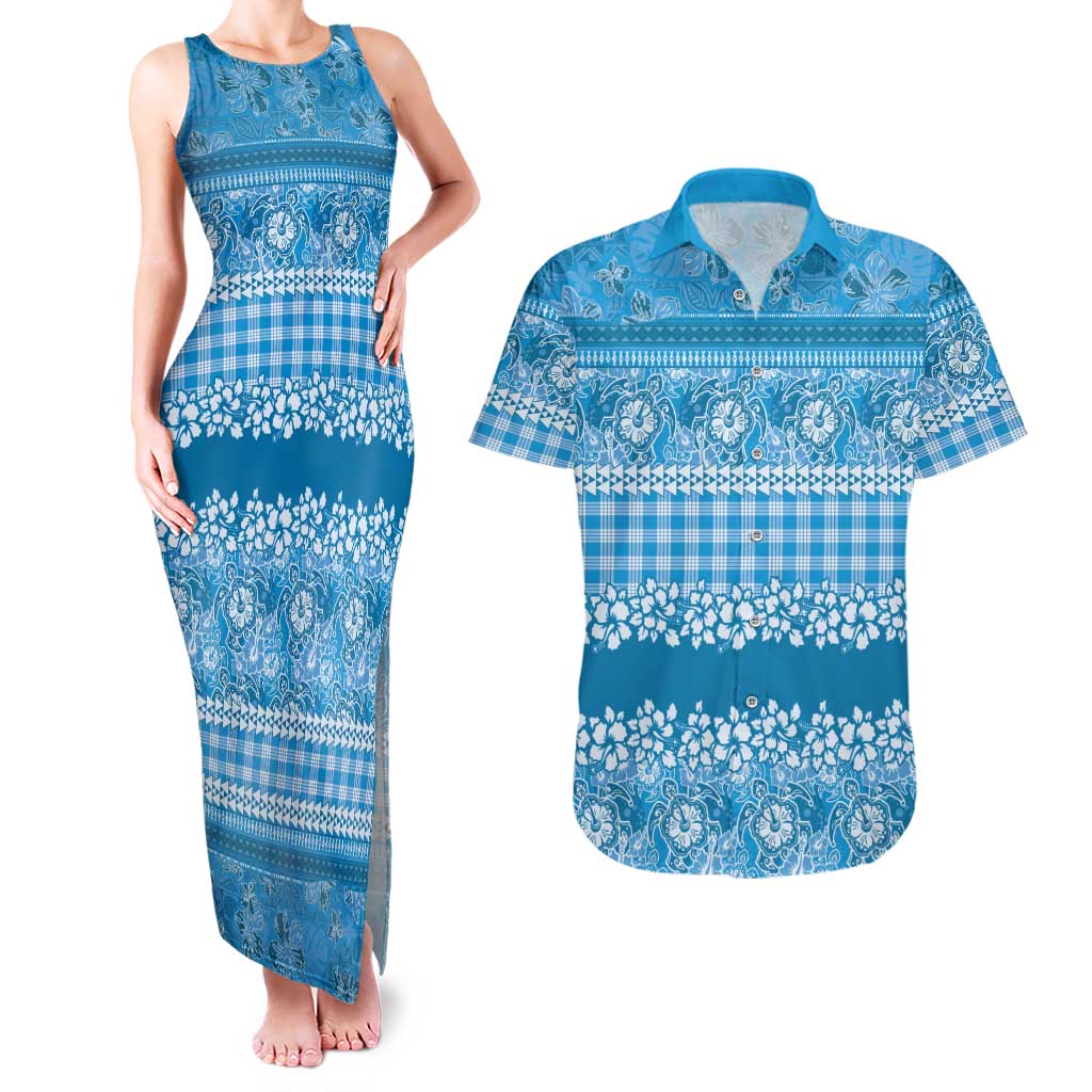 Hawaiian Hibiscus Honu Couples Matching Tank Maxi Dress and Hawaiian Shirt Blue Mele Kalikimaka Palaka Spirit LT9 Blue - Polynesian Pride