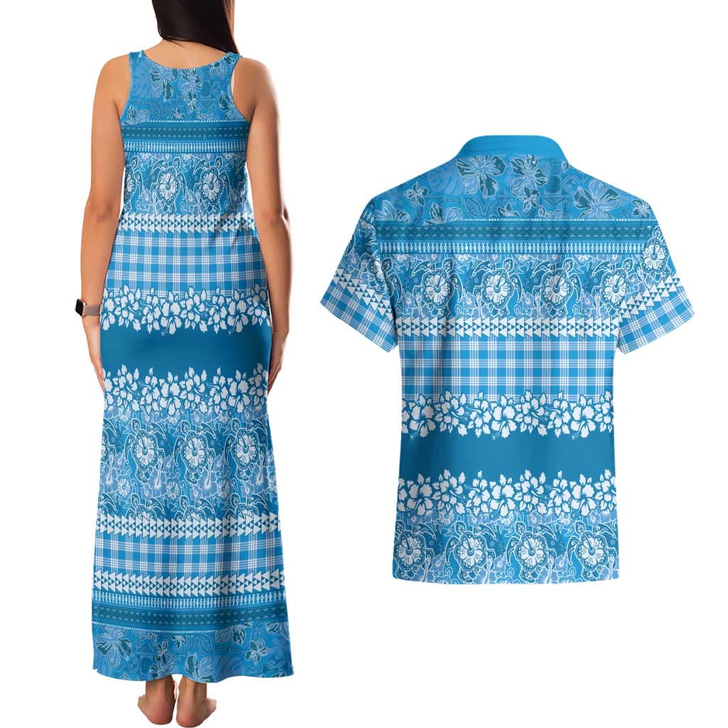 Hawaiian Hibiscus Honu Couples Matching Tank Maxi Dress and Hawaiian Shirt Blue Mele Kalikimaka Palaka Spirit LT9 - Polynesian Pride
