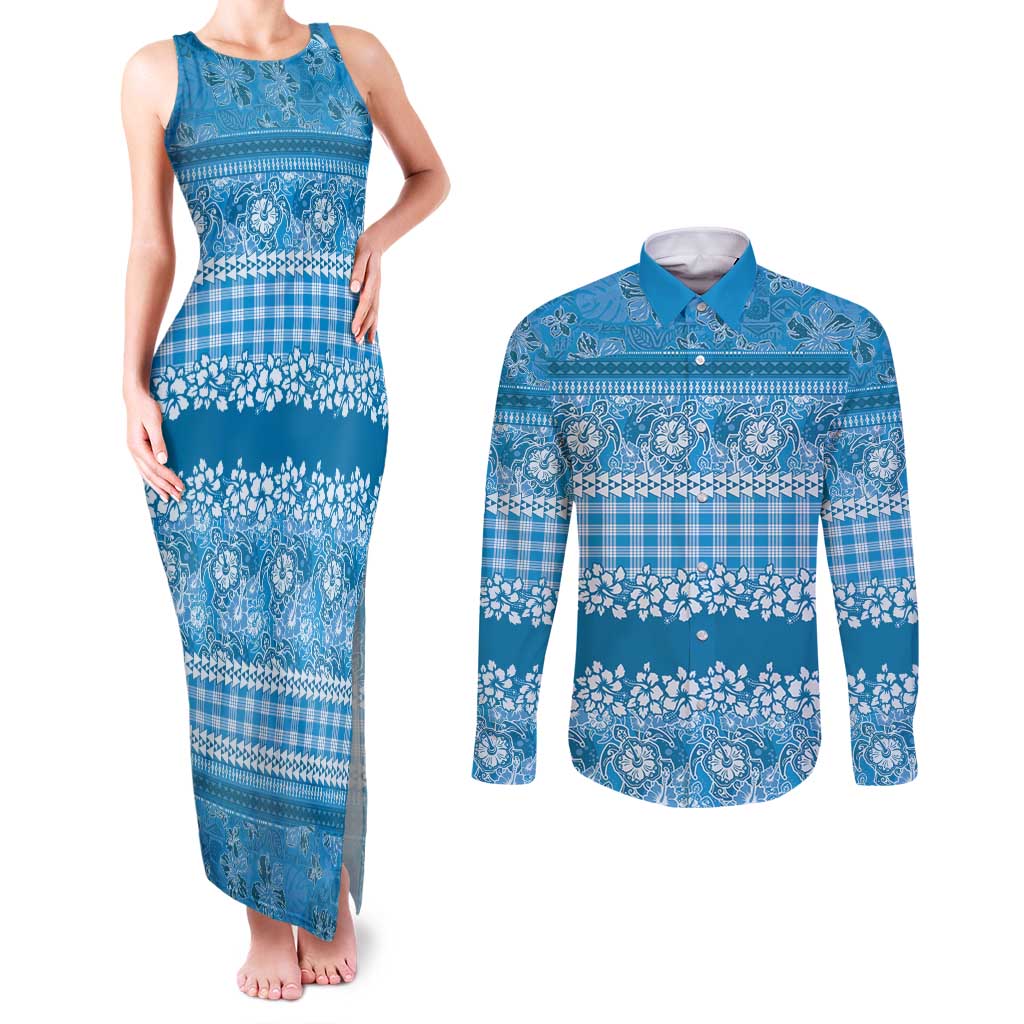 Hawaiian Hibiscus Honu Couples Matching Tank Maxi Dress and Long Sleeve Button Shirt Blue Mele Kalikimaka Palaka Spirit LT9 Blue - Polynesian Pride