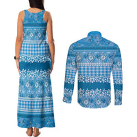 Hawaiian Hibiscus Honu Couples Matching Tank Maxi Dress and Long Sleeve Button Shirt Blue Mele Kalikimaka Palaka Spirit LT9 - Polynesian Pride