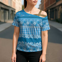 Hawaiian Hibiscus Honu Cross Shoulder Shirt Blue Mele Kalikimaka Palaka Spirit - Polynesian Pride