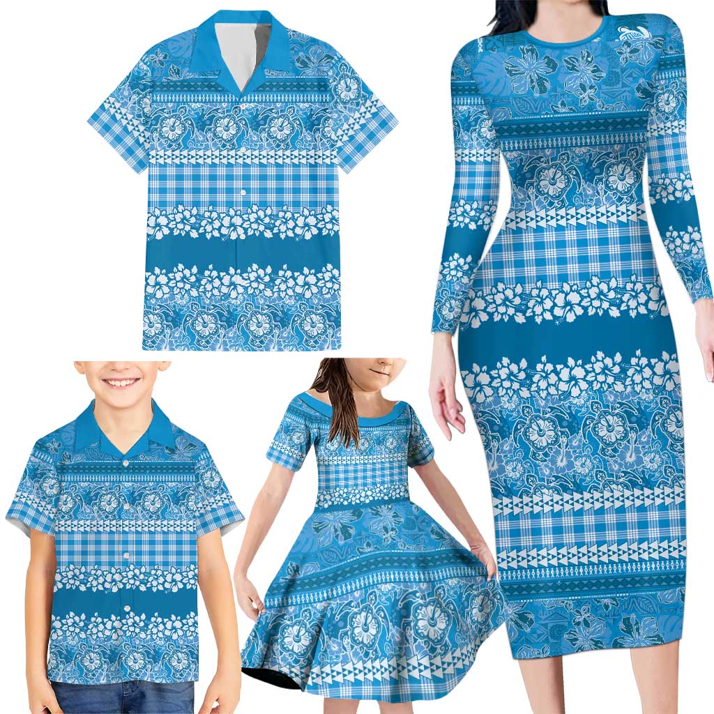 Hawaiian Hibiscus Honu Family Matching Long Sleeve Bodycon Dress and Hawaiian Shirt Blue Mele Kalikimaka Palaka Spirit LT9 - Polynesian Pride