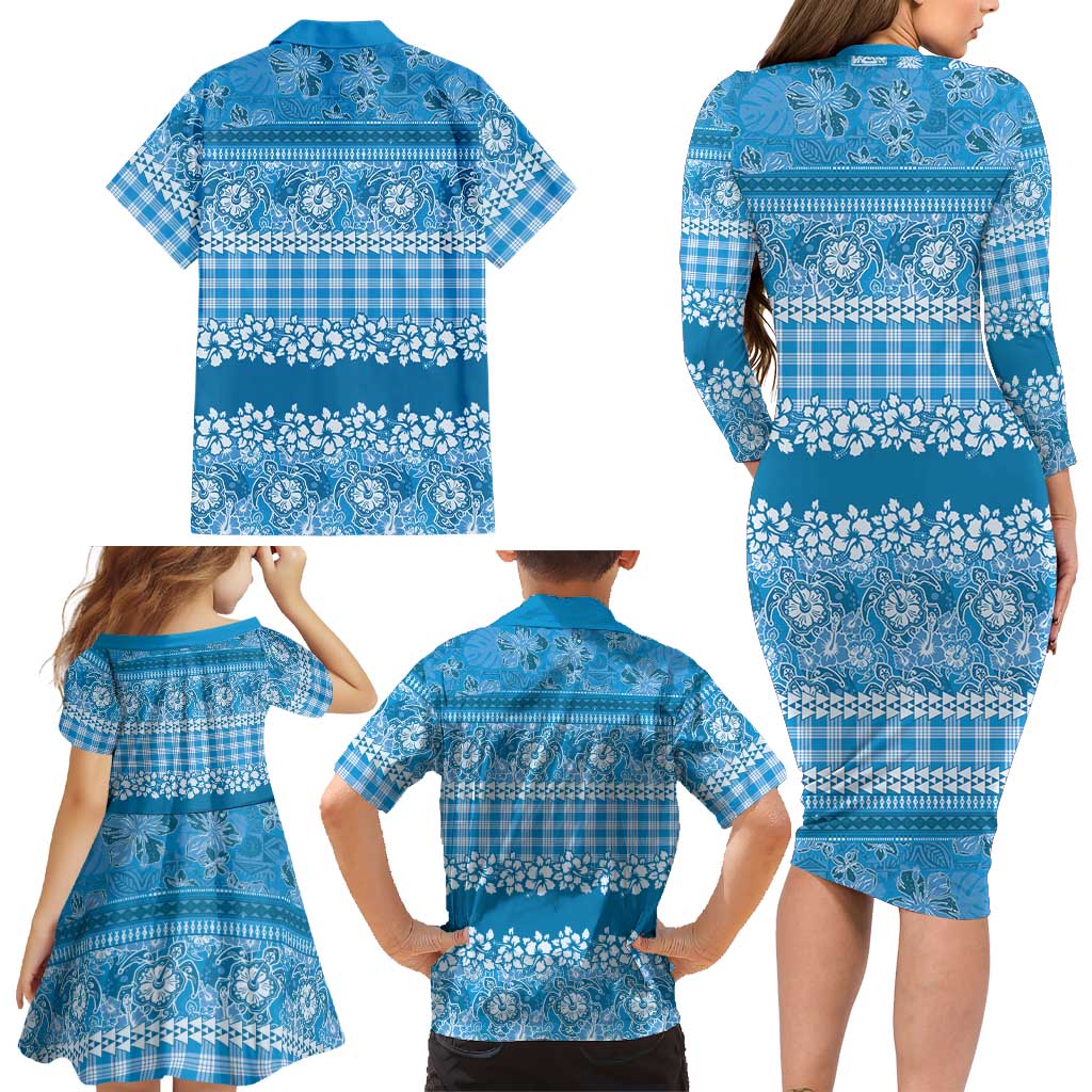 Hawaiian Hibiscus Honu Family Matching Long Sleeve Bodycon Dress and Hawaiian Shirt Blue Mele Kalikimaka Palaka Spirit LT9 - Polynesian Pride