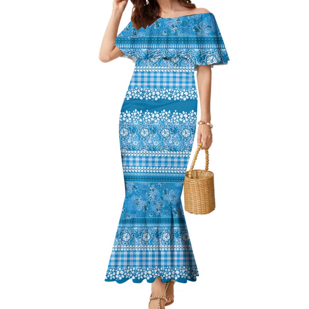 Hawaiian Hibiscus Honu Family Matching Mermaid Dress and Hawaiian Shirt Blue Mele Kalikimaka Palaka Spirit LT9 Blue - Polynesian Pride