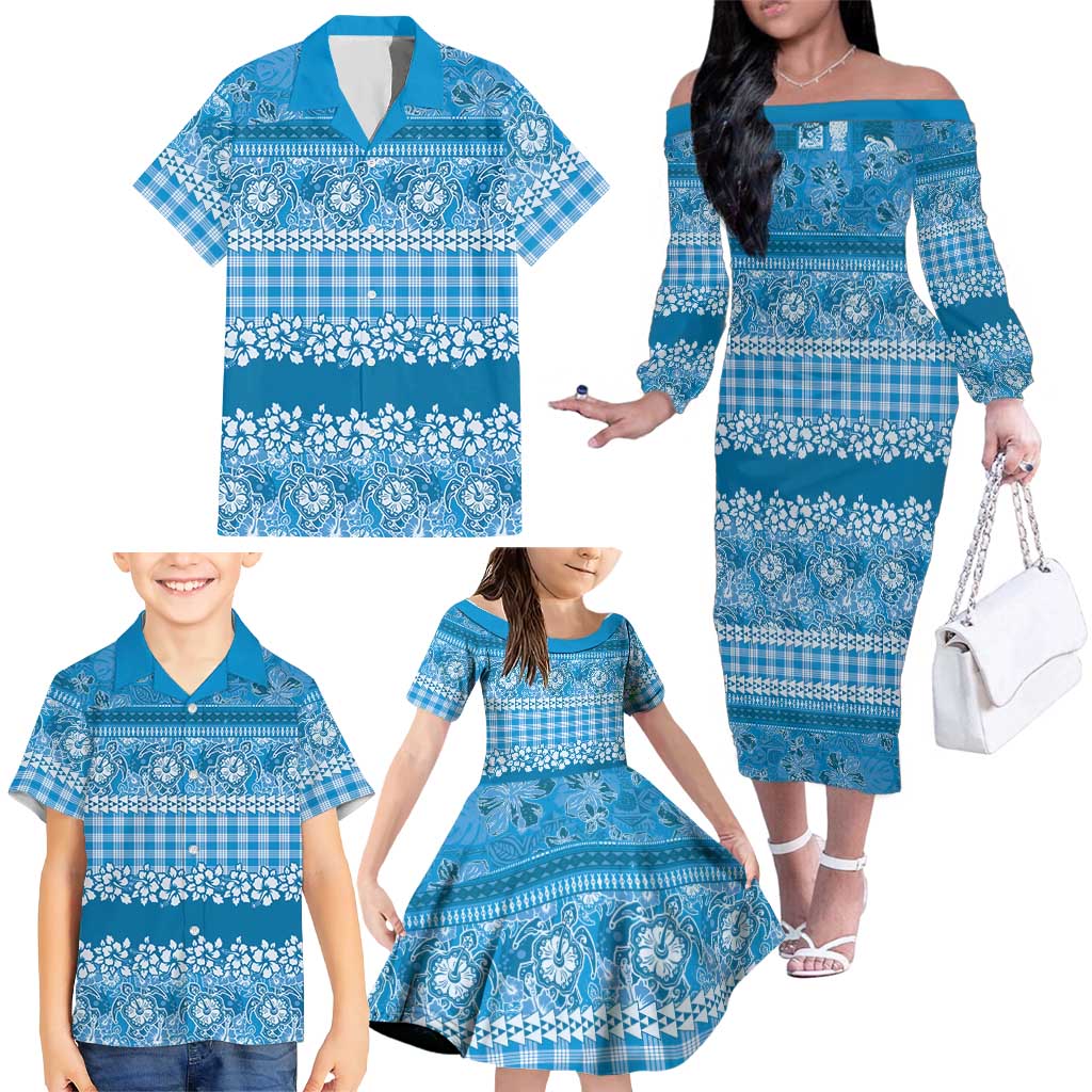 Hawaiian Hibiscus Honu Family Matching Off The Shoulder Long Sleeve Dress and Hawaiian Shirt Blue Mele Kalikimaka Palaka Spirit LT9 - Polynesian Pride