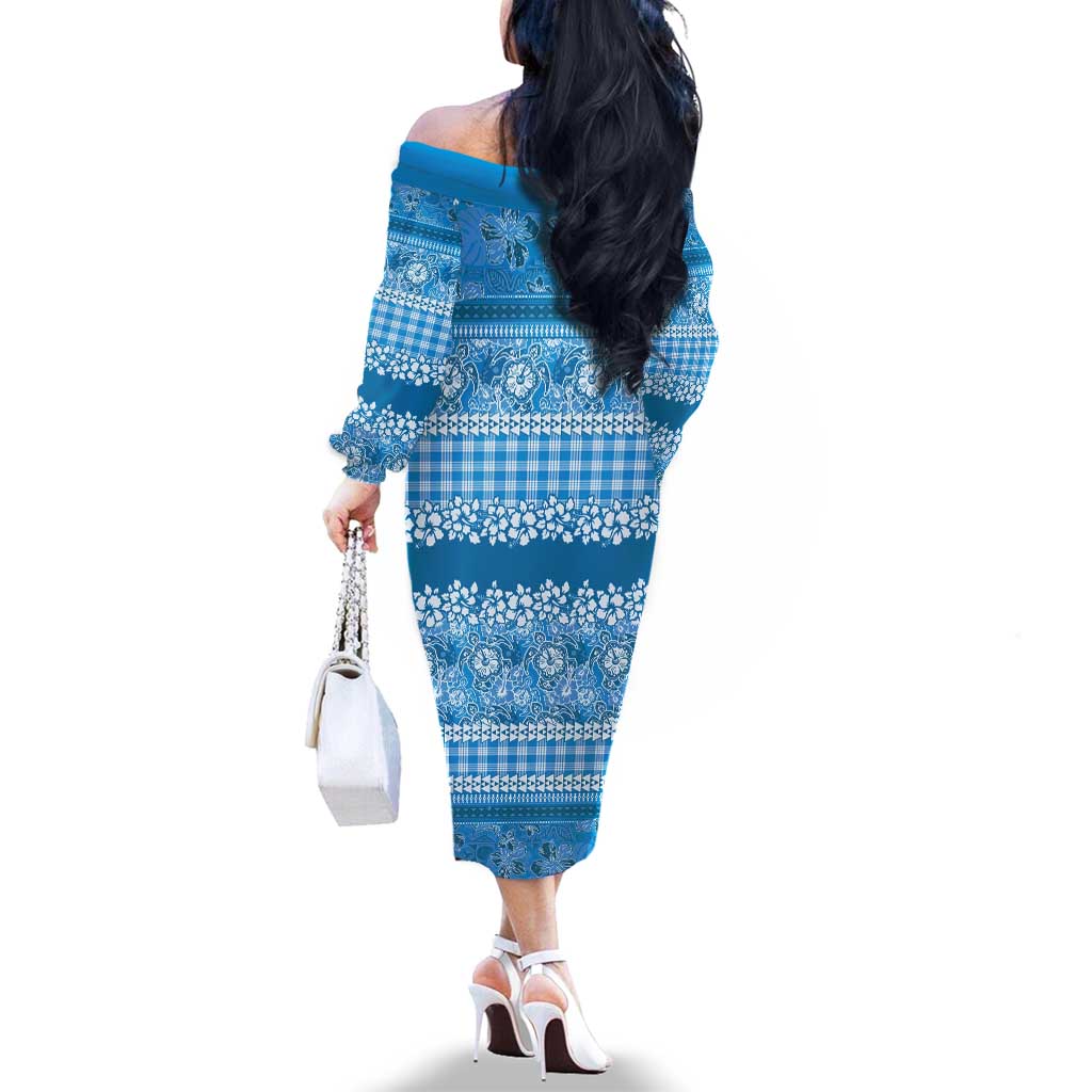 Hawaiian Hibiscus Honu Family Matching Off The Shoulder Long Sleeve Dress and Hawaiian Shirt Blue Mele Kalikimaka Palaka Spirit LT9 - Polynesian Pride