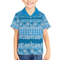 Hawaiian Hibiscus Honu Family Matching Off The Shoulder Long Sleeve Dress and Hawaiian Shirt Blue Mele Kalikimaka Palaka Spirit LT9 - Polynesian Pride