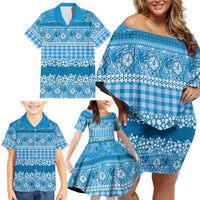 Hawaiian Hibiscus Honu Family Matching Off Shoulder Short Dress and Hawaiian Shirt Blue Mele Kalikimaka Palaka Spirit LT9 - Polynesian Pride
