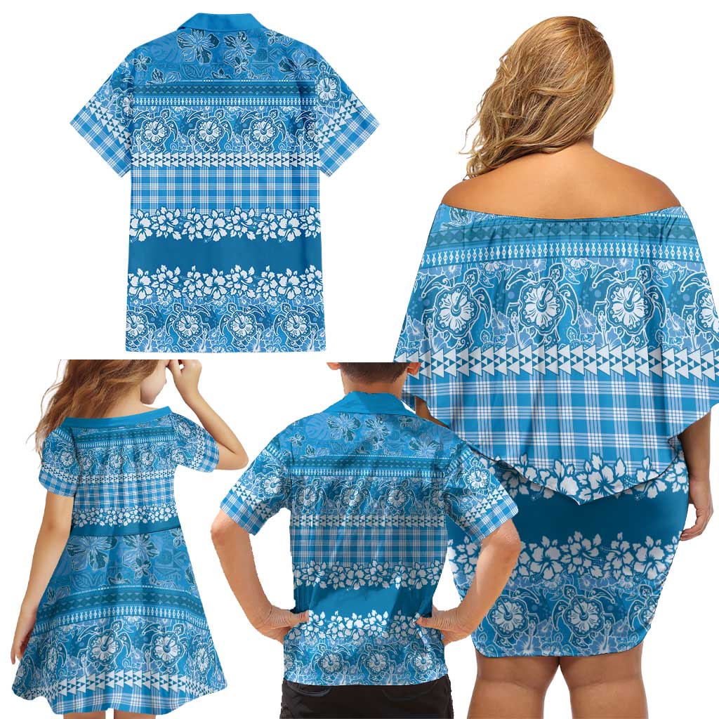 Hawaiian Hibiscus Honu Family Matching Off Shoulder Short Dress and Hawaiian Shirt Blue Mele Kalikimaka Palaka Spirit LT9 - Polynesian Pride