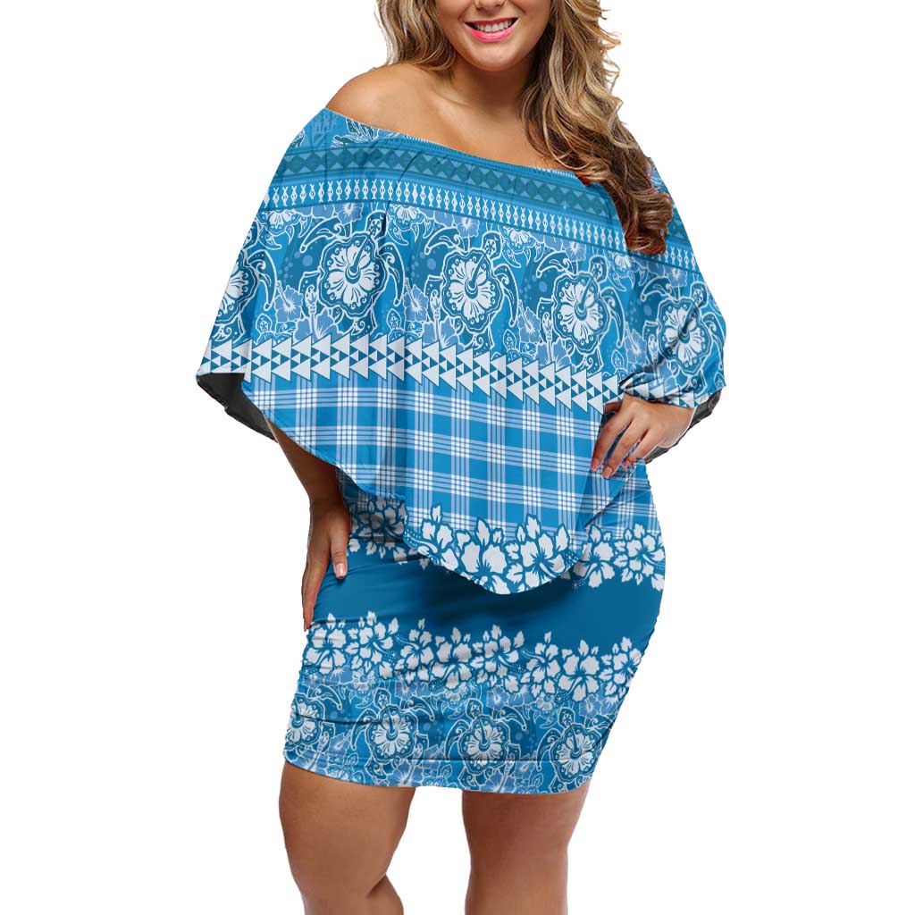 Hawaiian Hibiscus Honu Family Matching Off Shoulder Short Dress and Hawaiian Shirt Blue Mele Kalikimaka Palaka Spirit LT9 Blue - Polynesian Pride