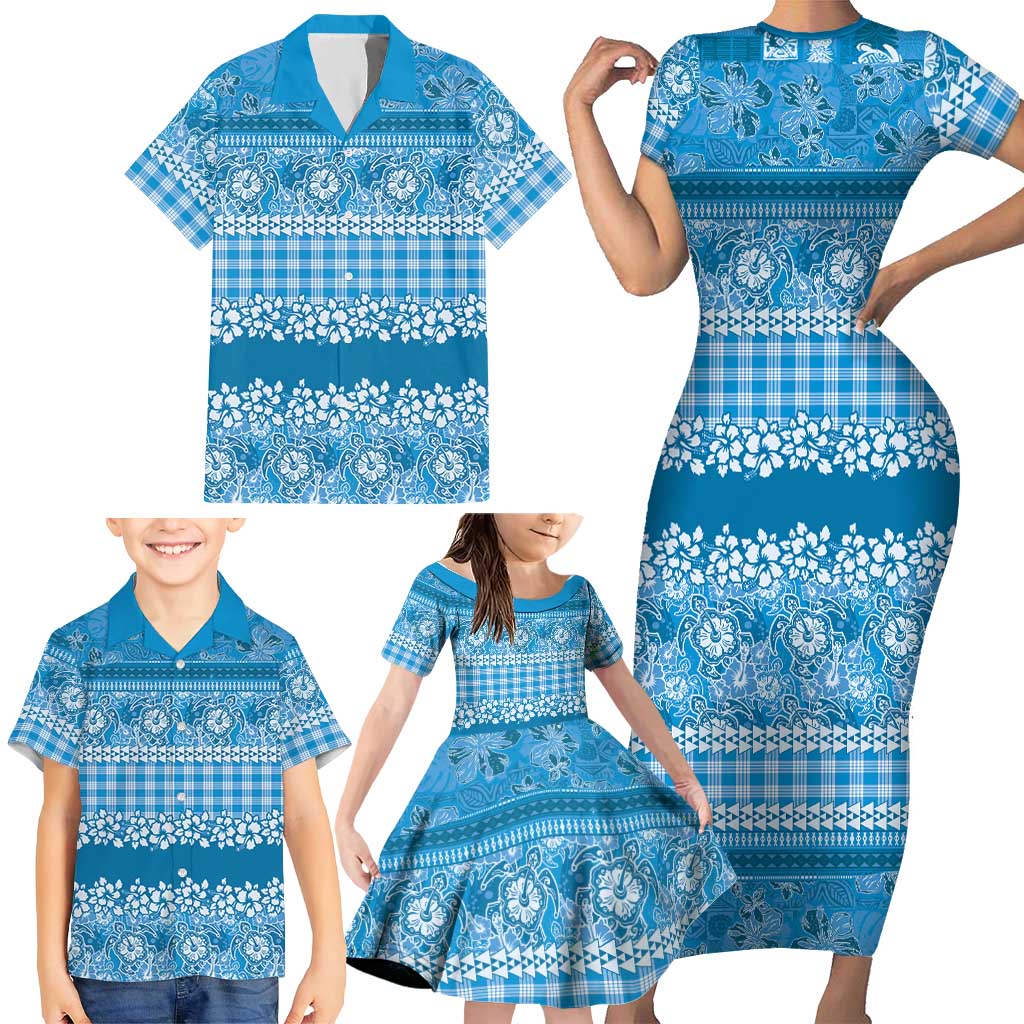 Hawaiian Hibiscus Honu Family Matching Short Sleeve Bodycon Dress and Hawaiian Shirt Blue Mele Kalikimaka Palaka Spirit LT9 - Polynesian Pride