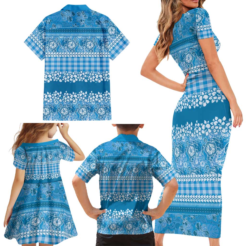 Hawaiian Hibiscus Honu Family Matching Short Sleeve Bodycon Dress and Hawaiian Shirt Blue Mele Kalikimaka Palaka Spirit LT9 - Polynesian Pride