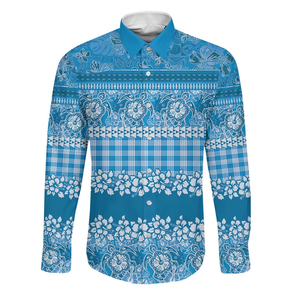 Hawaiian Hibiscus Honu Family Matching Short Sleeve Bodycon Dress and Hawaiian Shirt Blue Mele Kalikimaka Palaka Spirit LT9 Dad's Shirt - Long Sleeve Blue - Polynesian Pride