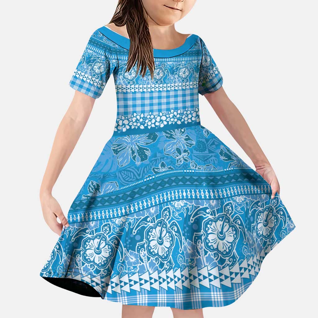 Hawaiian Hibiscus Honu Family Matching Summer Maxi Dress and Hawaiian Shirt Blue Mele Kalikimaka Palaka Spirit LT9 Daughter's Dress Blue - Polynesian Pride