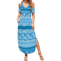 Hawaiian Hibiscus Honu Family Matching Summer Maxi Dress and Hawaiian Shirt Blue Mele Kalikimaka Palaka Spirit LT9 Blue - Polynesian Pride