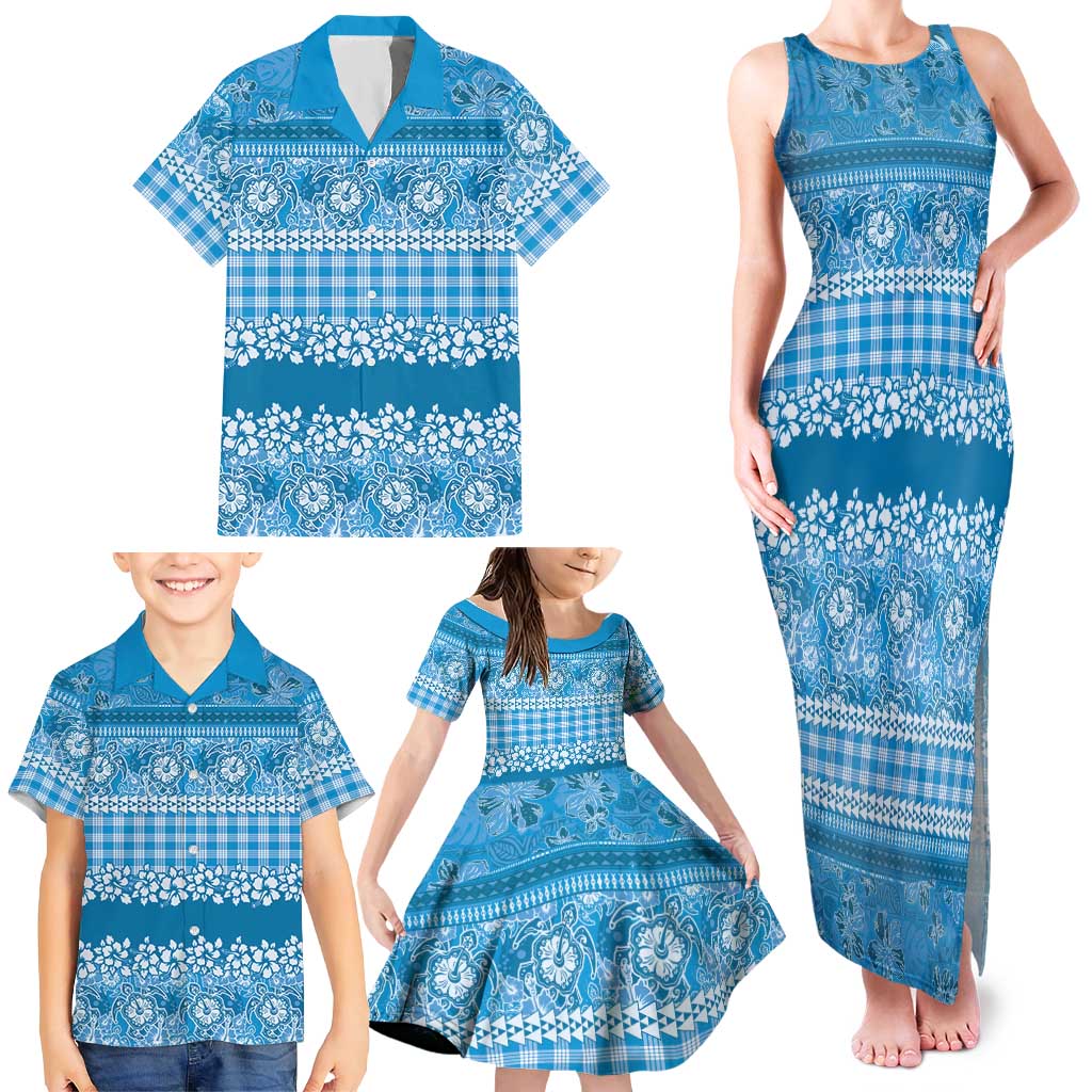 Hawaiian Hibiscus Honu Family Matching Tank Maxi Dress and Hawaiian Shirt Blue Mele Kalikimaka Palaka Spirit LT9 - Polynesian Pride