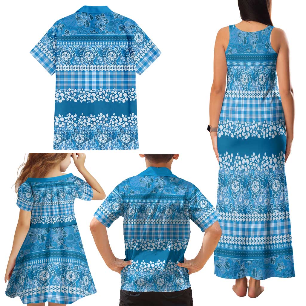Hawaiian Hibiscus Honu Family Matching Tank Maxi Dress and Hawaiian Shirt Blue Mele Kalikimaka Palaka Spirit LT9 - Polynesian Pride