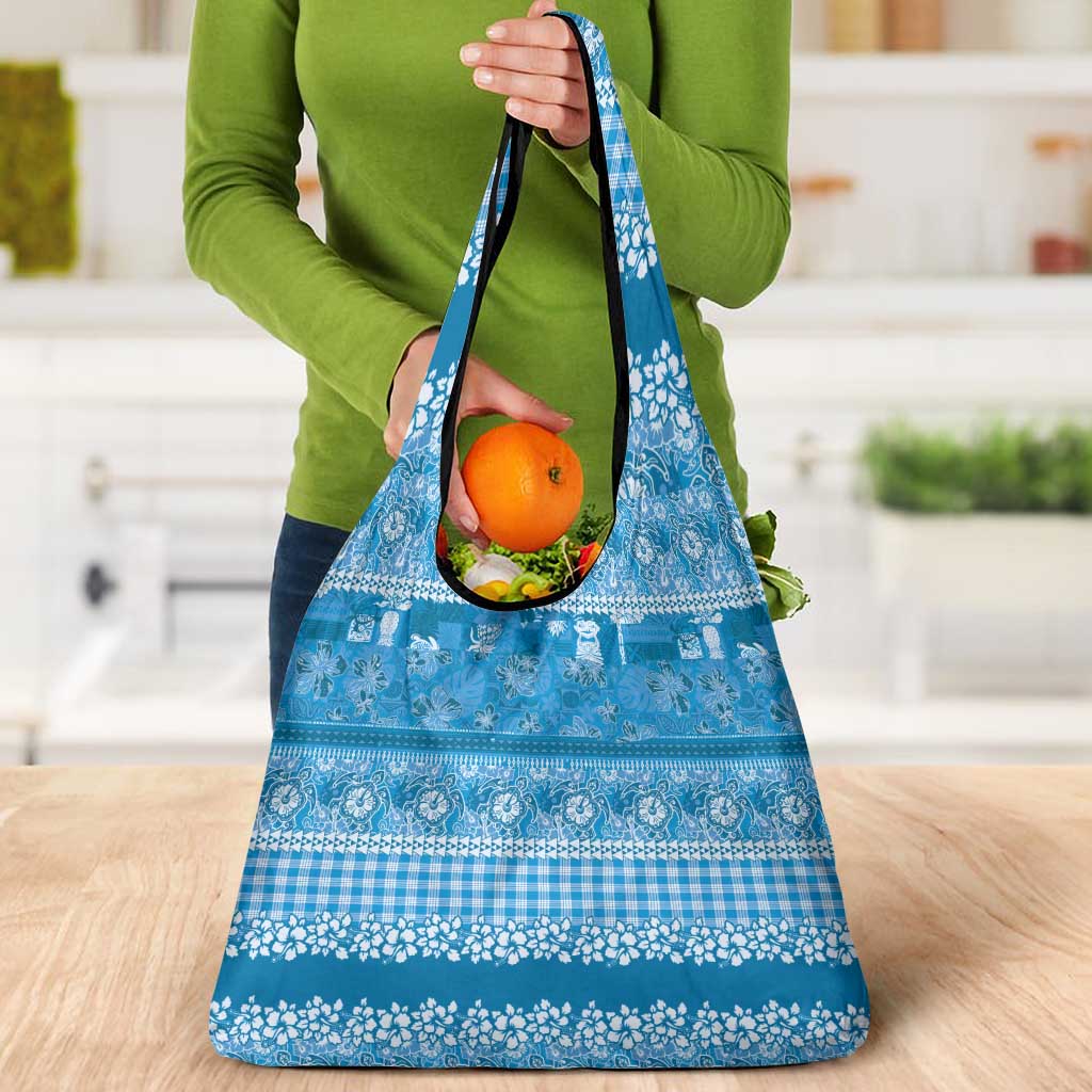 Hawaiian Hibiscus Honu Grocery Bag Blue Mele Kalikimaka Palaka Spirit - Polynesian Pride
