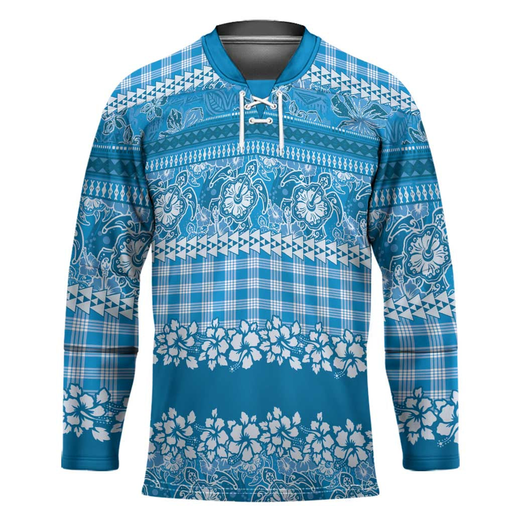 Hawaiian Hibiscus Honu Hockey Jersey Blue Mele Kalikimaka Palaka Spirit - Polynesian Pride