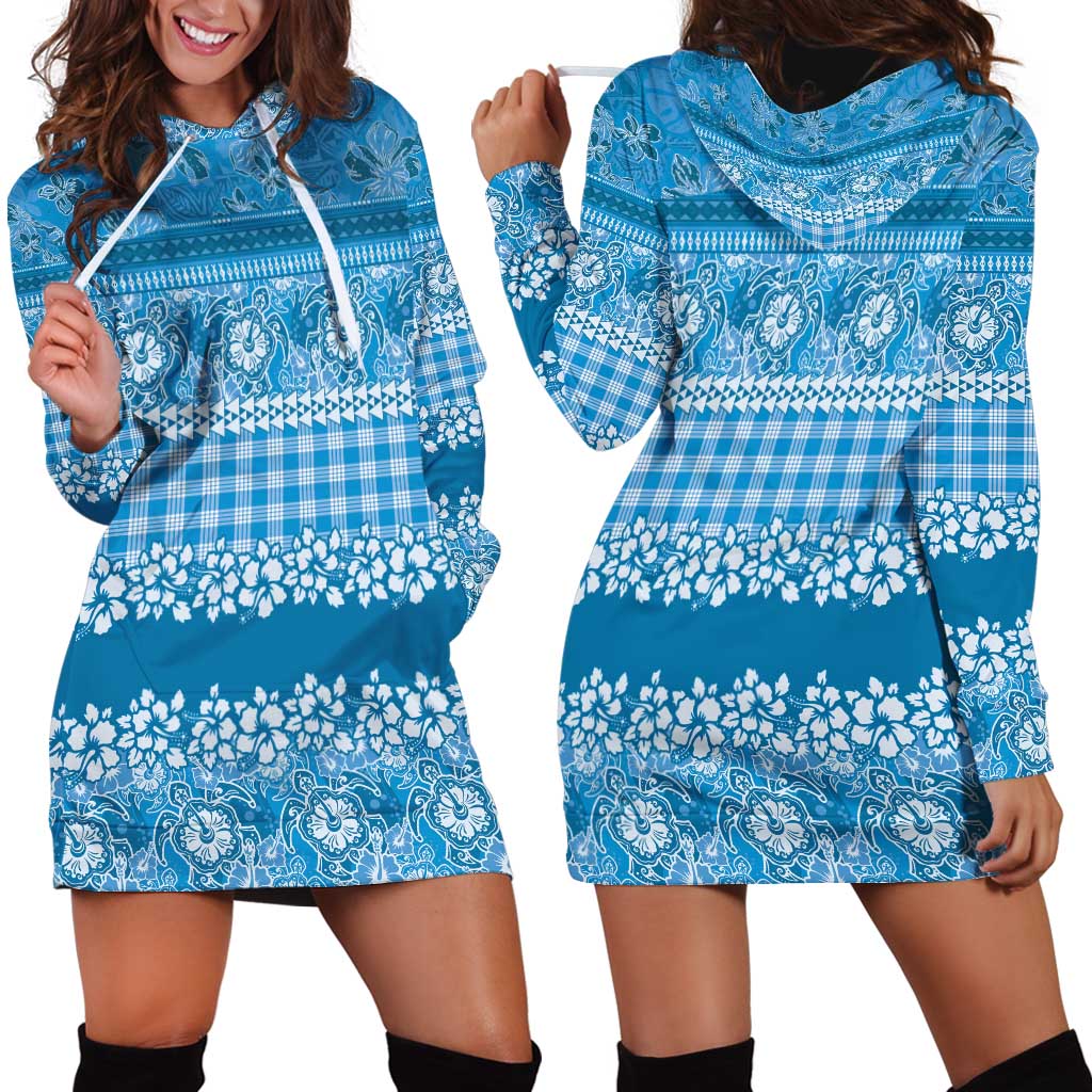 Hawaiian Hibiscus Honu Hoodie Dress Blue Mele Kalikimaka Palaka Spirit LT9 - Polynesian Pride