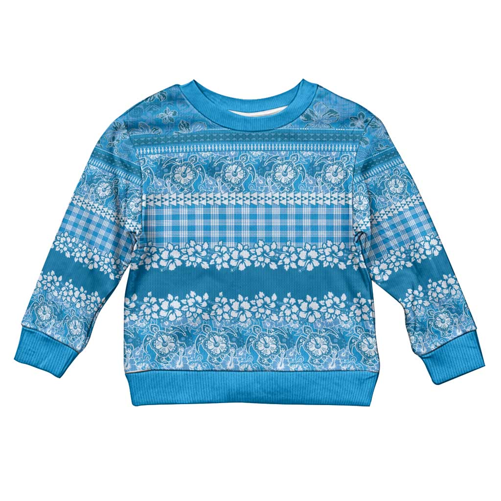 Hawaiian Hibiscus Honu Kid Ugly Christmas Sweater Blue Mele Kalikimaka Palaka Spirit - Polynesian Pride