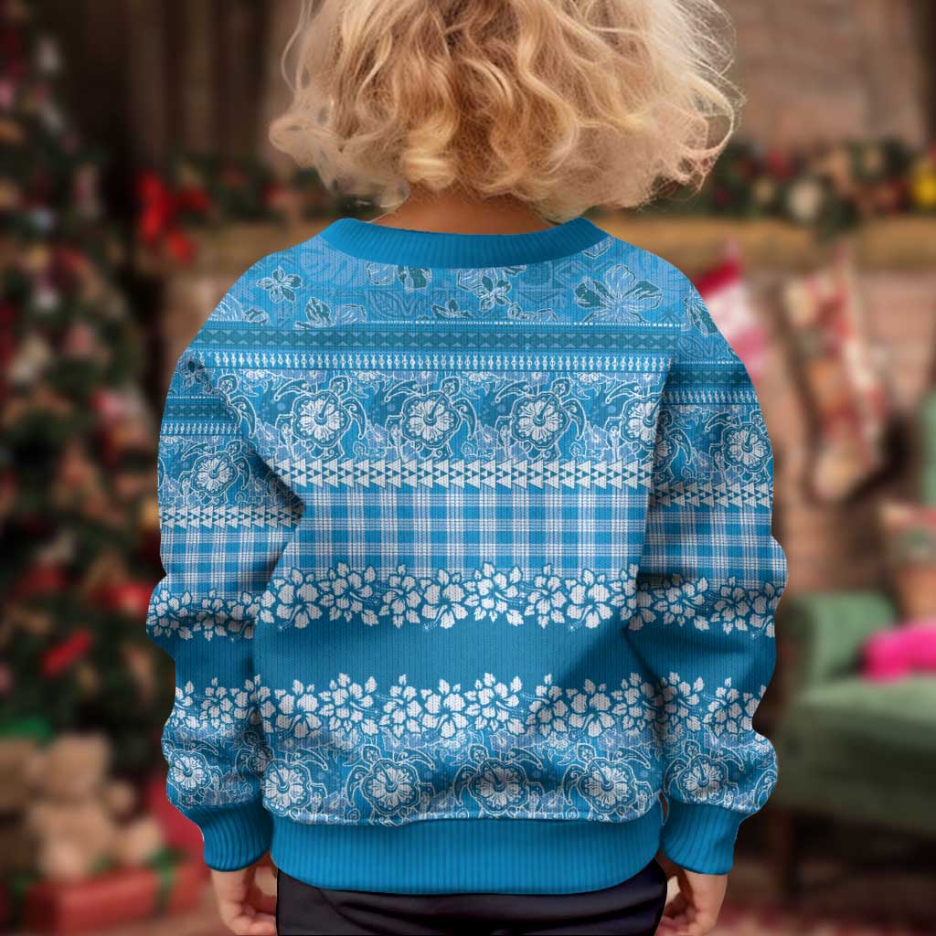 Hawaiian Hibiscus Honu Kid Ugly Christmas Sweater Blue Mele Kalikimaka Palaka Spirit - Polynesian Pride